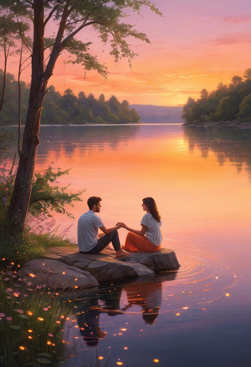 A warm, inviting scene featuring a couple engaging in a heartfelt conversation by a serene lakeside during sunset, surrounded by glowing fireflies. The atmosphere is filled with soft colors that symbolize love and connection, with gentle waves reflecting the orange and pink hues of the sky. Include details like intertwined hands and smiling faces to convey intimacy and joy. dreamy ambiance. pastel colors. super-realistic.