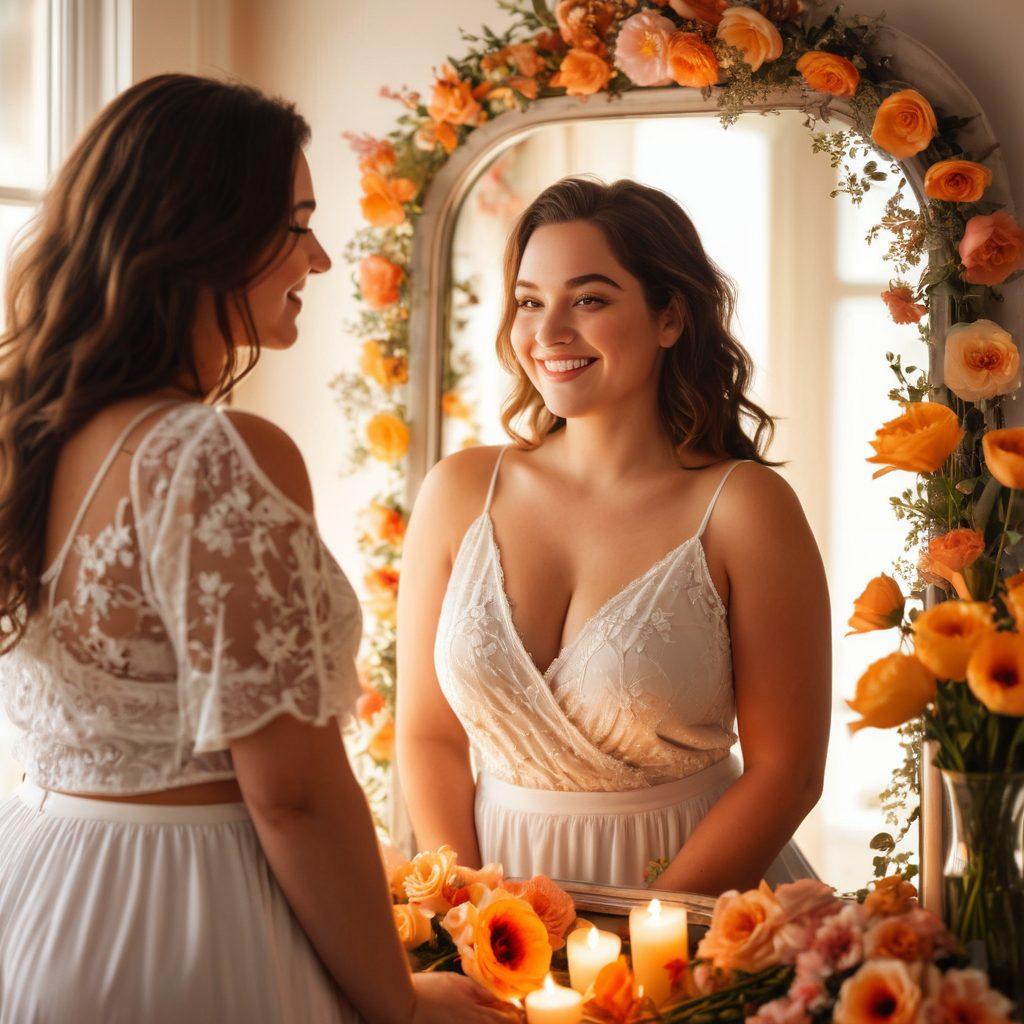 A confident, curvy woman standing in a sunlit room, smiling at her reflection in a mirror, surrounded by romantic elements like soft flowers and warm candlelight. The atmosphere is filled with positivity and self-love, illustrating empowerment and passion in relationships. Include vibrant, warm colors to evoke feelings of joy and acceptance. super-realistic. warm tones. soft lighting.